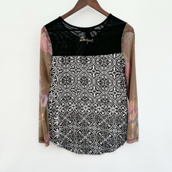 Desigual Women's Long Sleeve Geometric Print Top Sheer Floral Sleeves Size Small - Picture 3 of 16